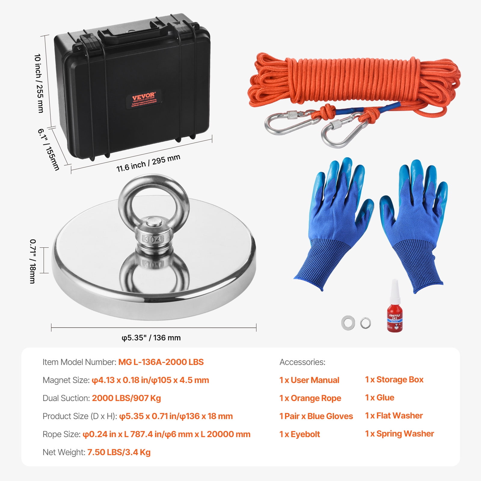 VEVOR Magnet Fishing Kit, 2000 LBS/907 Kg Single-Sided Pulling Force Magnet Fishing Kit, Rare Earth Neodymium Magnetic Fishing Kit Includes Grappling Hook, Heavy Duty Rope, Gloves, Eyebolt, Case