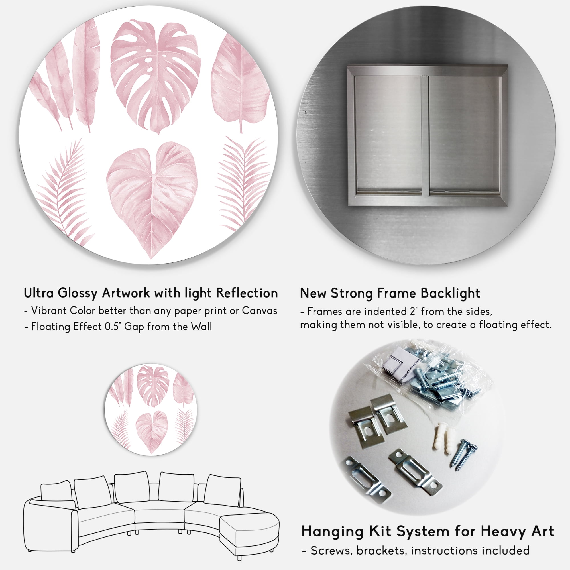 Designart 'Tropical Pink Watercolour Leaves On White I' Shabby Chic Circle Metal Wall Art 23x23 - Disc of 23
