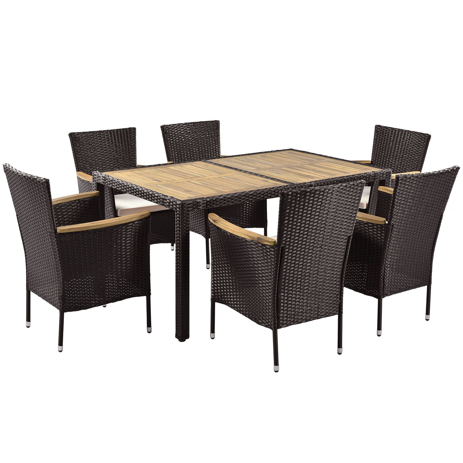 Kadyn 7-Piece Outdoor Patio Dining Set, Garden PE Rattan Wicker Dining Table and Chairs Set for 6-Person, Stackable Armrest Chairs with Cushions, Brown
