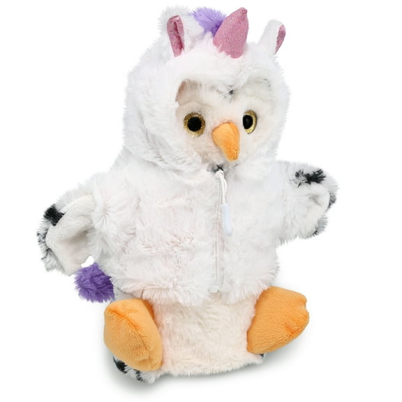 DolliBu White Owl Unicorn Plush Stuffed Animal Hand Puppet Toy - Super Soft Owlcorn Dress Up with Removable Plush Unicorn Outfit, Cute Fantasy Wildlife Gift - 9.5 Inches