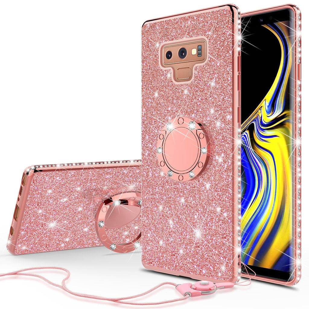 Compatible with Samsung Galaxy Note 9 Case,PHEZEN Girls Bling Glitter Sparkle TPU Case with 360 Ring Stand Holder,Chrome Soft Silicone Rubber Bumper Protective Case for Galaxy Note 9 Rose Gold 