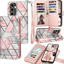 For Samsung Galaxy S25 Wallet Case with Credit Card Holder for Women Men, Flip PU Leather Wallet Phone Case for Galaxy S25, Tekcoo Detachable Magnetic Kickstand Cover with Wrist Strap, Marble