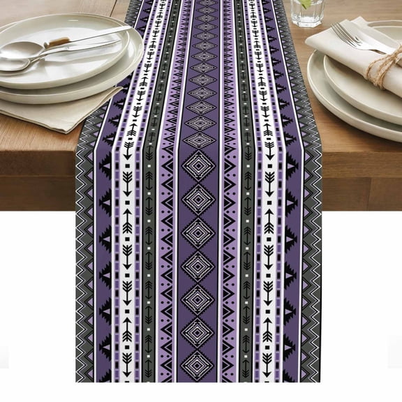 Purple Black Boho Table Runner Vintage Tribal Striped Southwestern Tablerunners 13 x 36 Inch, Table Decorations Tabletop Scarf for Summer Gathering Holiday Farmhouse Kitchen Dining Decor