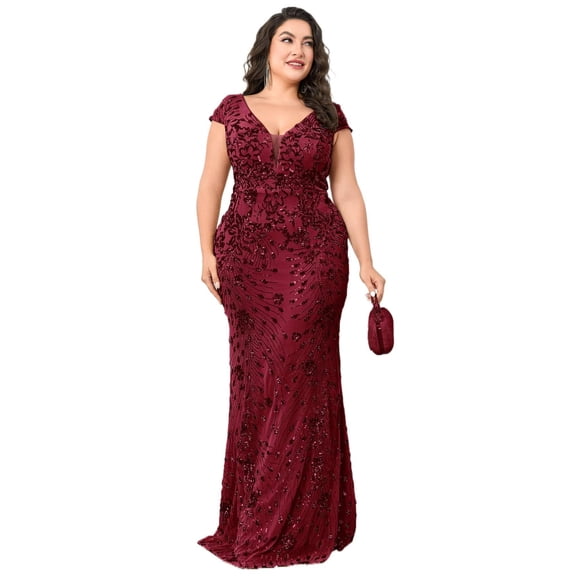 AURA Plus Size Evening Dress Slim Fit Fishtail Long Formal Banquet Gown Spandex Embroidery 0XL 4XL
