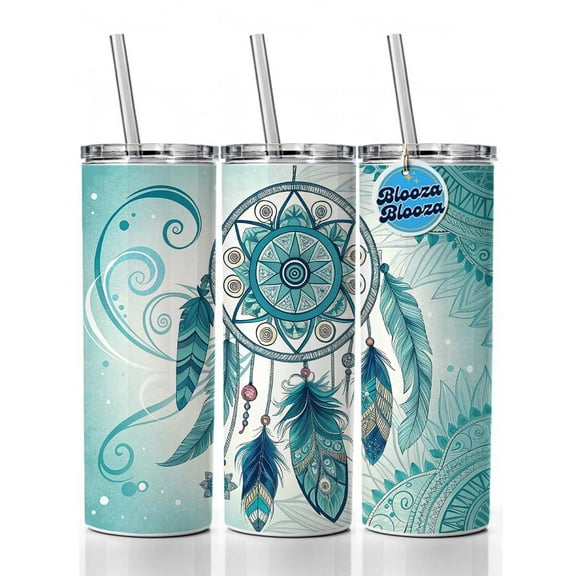 Abstract Teal Blue Dream Catcher Southwestern Design 20oz Insulated Water Bottle Skinny Tumbler Includes Straw