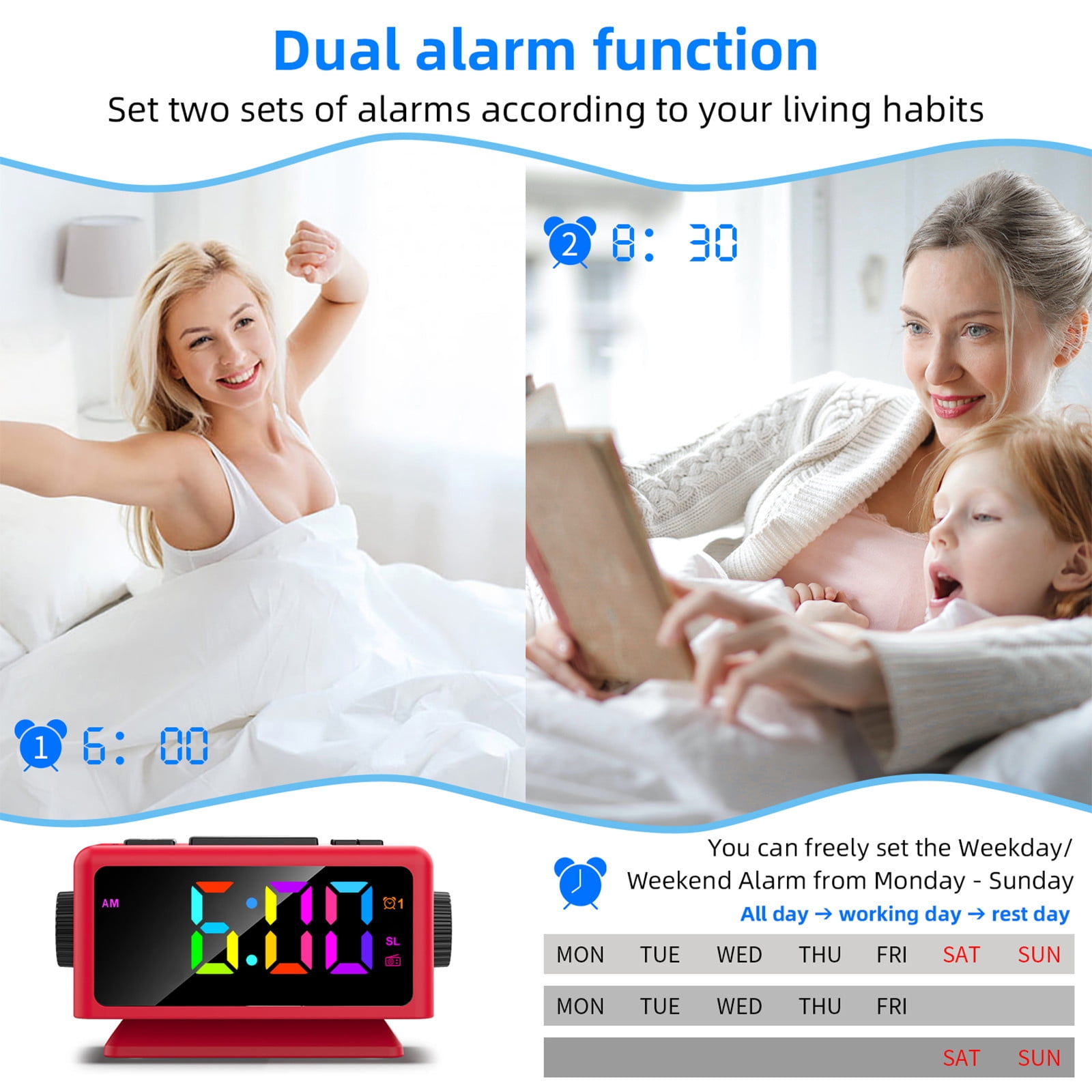 SINIMOKO Perpetual Calendar FM Radio Alarm Clock RGB Colorful Mirror Large Screen Display Electronic Clock Suitable For Giving Holiday Gifts,Father's Day Gifts for Husband
