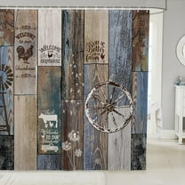 Rustic Windmill Fabric Shower Curtain, Farmhouse Wheel Vintage Life Shower Curtain Western Farm Barn Door Bathroom Shower Curtain Sets 72" W X 72" L Wooden Plank Cow Country Bath Curtain