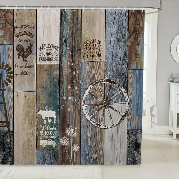Rustic Windmill Fabric Shower Curtain, Farmhouse Wheel Vintage Life Shower Curtain Western Farm Barn Door Bathroom Shower Curtain Sets 72" W X 72" L Wooden Plank Cow Country Bath Curtain