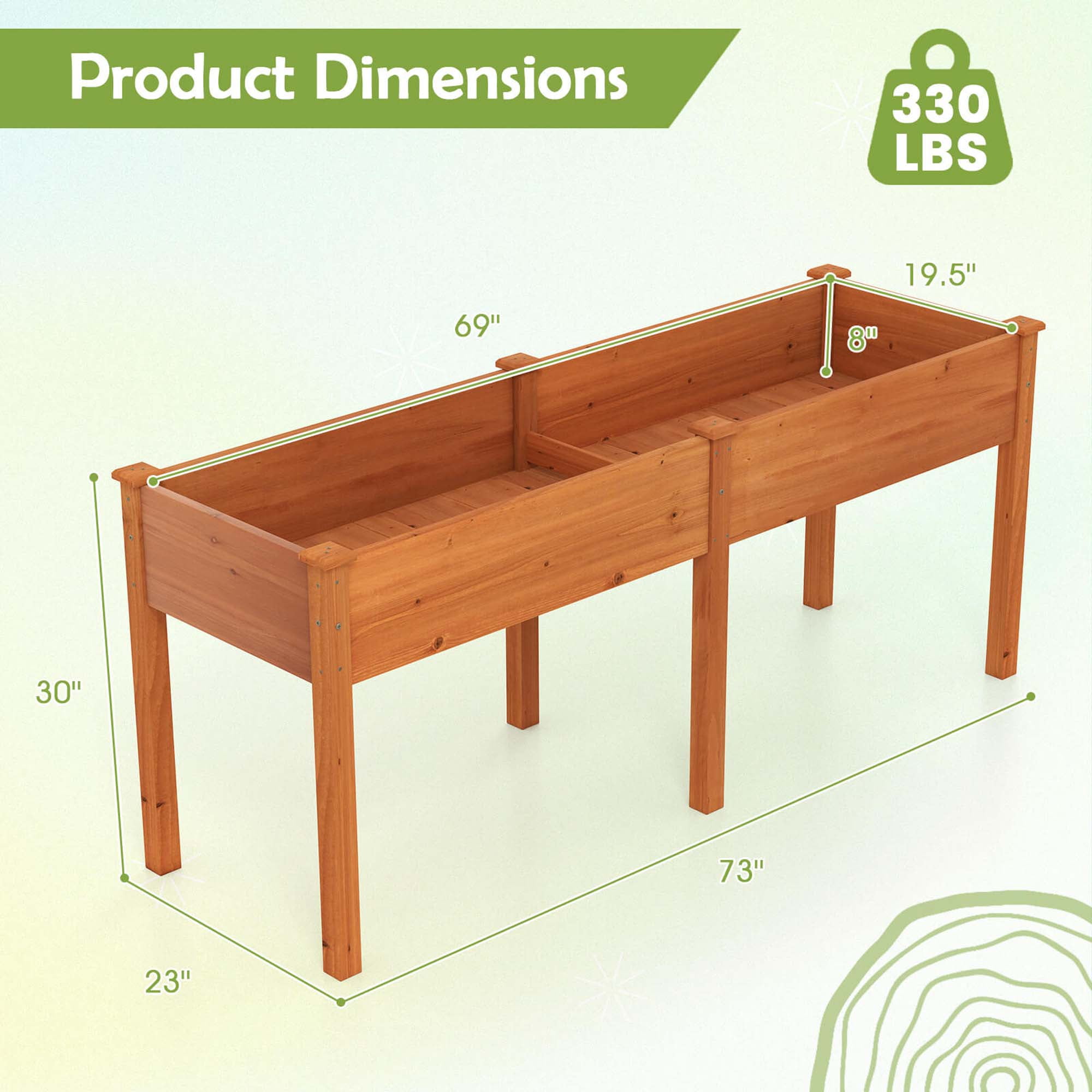Costway Outdoor Raised Garden Bed with Legs 73x23x30in Wood Planter Box with Divider Panel Brown