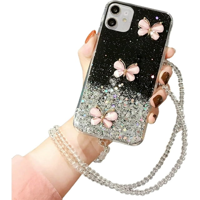 Crystal Glitter Mobile Phone Case Compatible with iPhone 11 Pro Case Transparent Diamond Butterfly Soft TPU Silicone and PC Bumper Protective Case with Crystal Chain Shockproof Case Cover