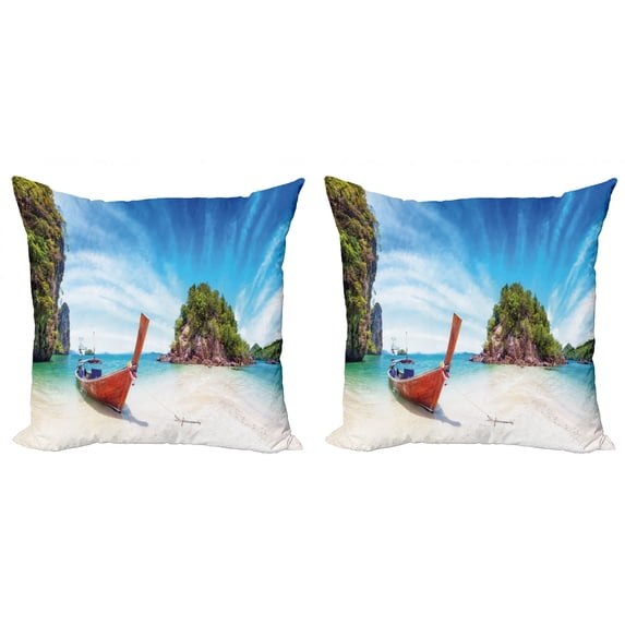 Ambesonne Tropical Throw Pillow Cover 2 Pack, Exotic Beach Thailand, 18", Fern Green Blue Cream