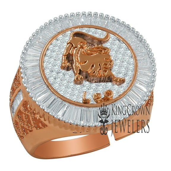 Mens 14K Rose Gold Finish Baguette Princess Cut Simulated Diamond Leo Lucky Lion Zodiac Sign Astrology Ring Band