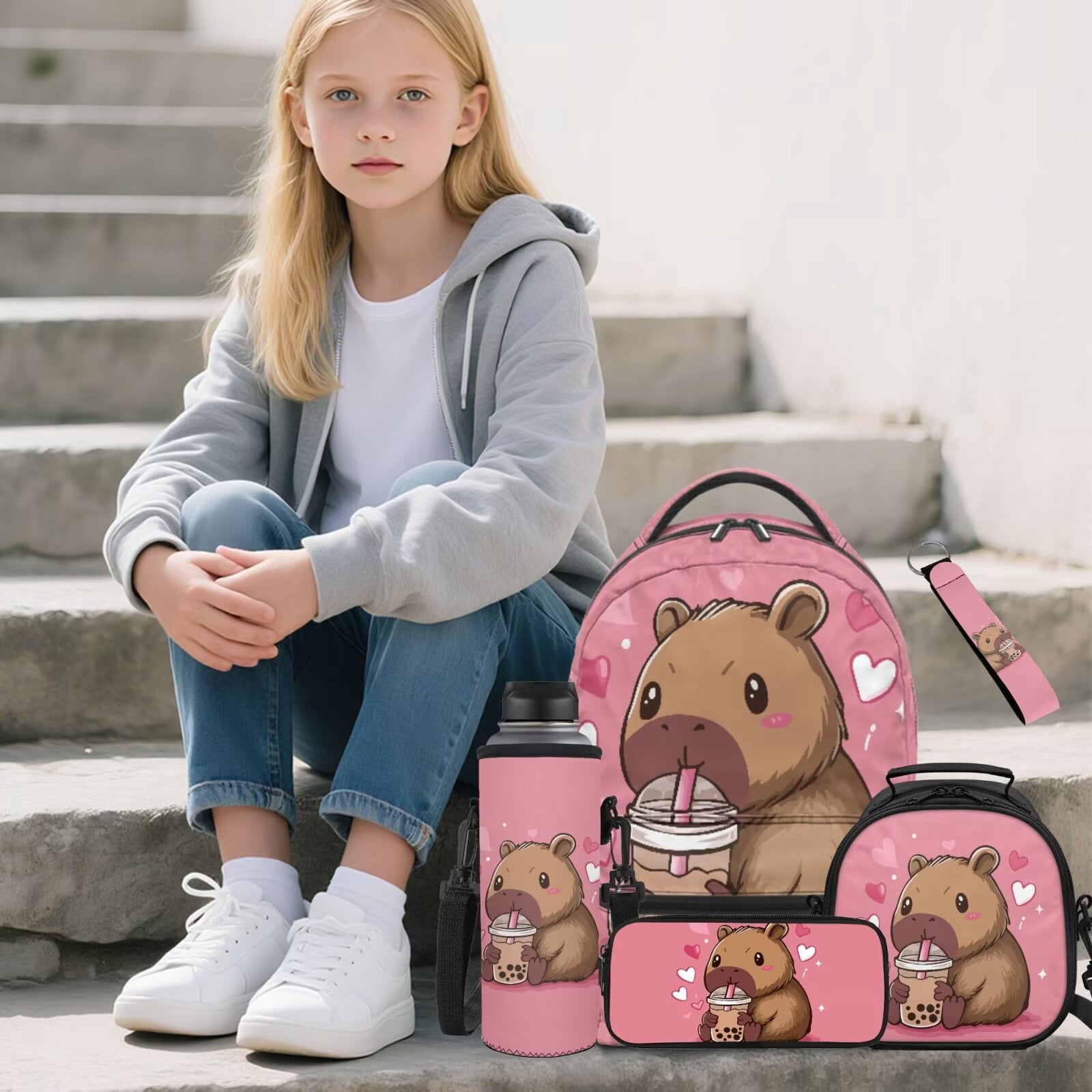 Pzuqiu Cute Capybara Girls Backpack Set of 5 School Bookbag Purse with Reusable Lunch Tote Bag Water Bottle Bag Pencil Case for Kids Elementary Schoolbags