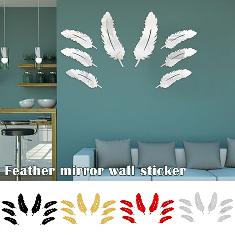 8PCS/Set Feather 3D Mirror Wall Art Sticker Decal Art Mural Vinyl Home Decor US 