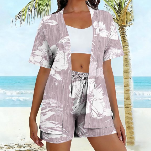 Gamivast Summer Sets for Women 2 Piece Floral Print Cardigan & Drawstring Shorts Vacation Sets Boho Kimono Cover Up Beach Holiday Travel Outfits