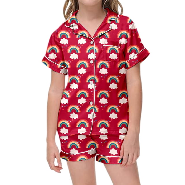 Ensemble de Pyjama et Shorts à Manches Courtes Imprimé Arc-en-Ciel pour Filles