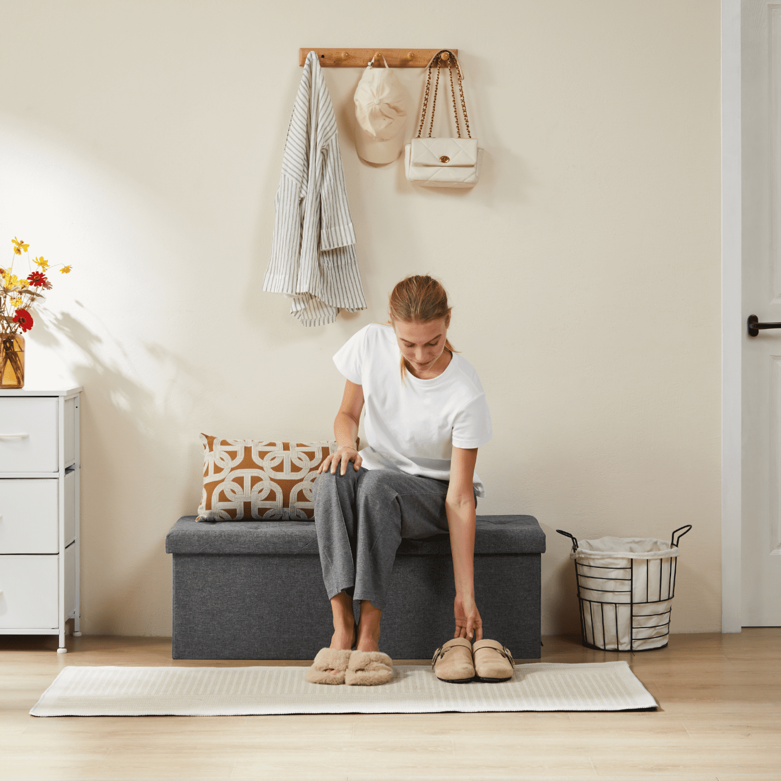 MAYEERTY Storage Ottoman with Thicker Foam Padded Seat, Folding Foot Rest for Living Room End of Bed Bench
