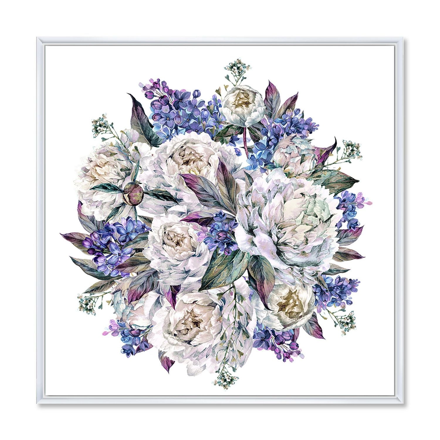 Designart Bouquet Pivoines En Blanc Et Bleu ART MURAL À CADRE FLOTTÉ