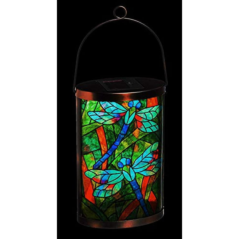 Evergreen Solar Lantern, Tiffany Inspired Dragonfly, 6'' x 3.8'' x 14.8'' inches. Evergreen Solar Lantern, Tiffany Inspired Dragonfly, 6'' x 3.8'' x 14.8'' inches.