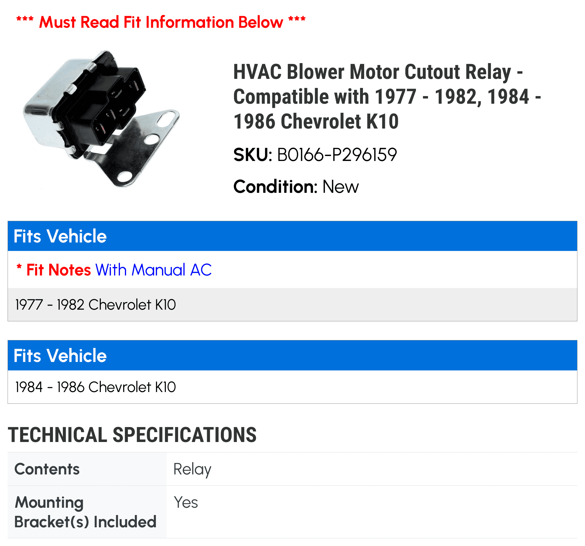 HVAC Blower Motor Cutout Relay - Compatible with 1977 - 1982, 1984 - 1986 Chevy K10 1978 1979 1980 1981 1985
