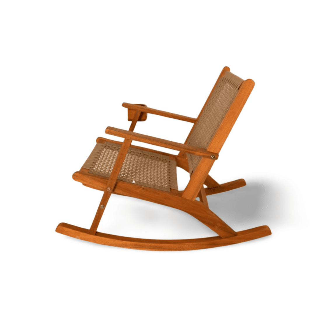 Outdoor Rocking Chair with Cup Holder, Acacia Wood Patio Rocker, Weather-Resistant Wooden Rocking Chair for Porch, Deck, Patio, and Garden, Tan Finish