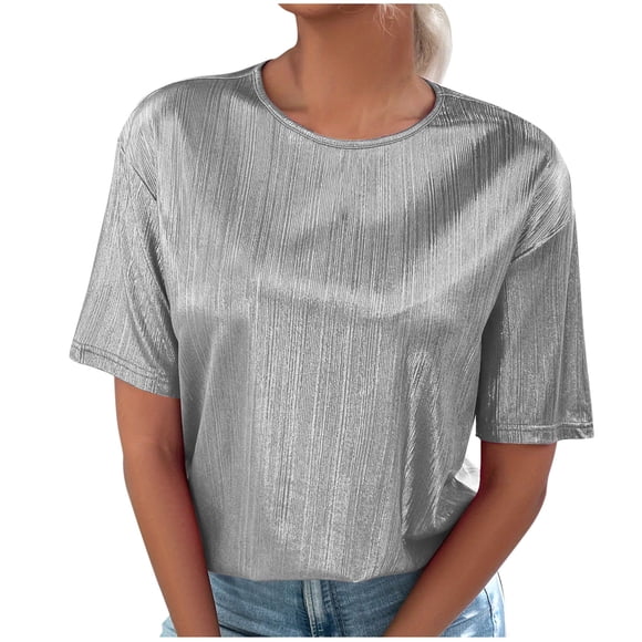 SwiftWear Women's Pink Metallic Blouse – Drop Shoulder Oversized T-Shirt Top, Casual Shirt-Style Tee for Summer