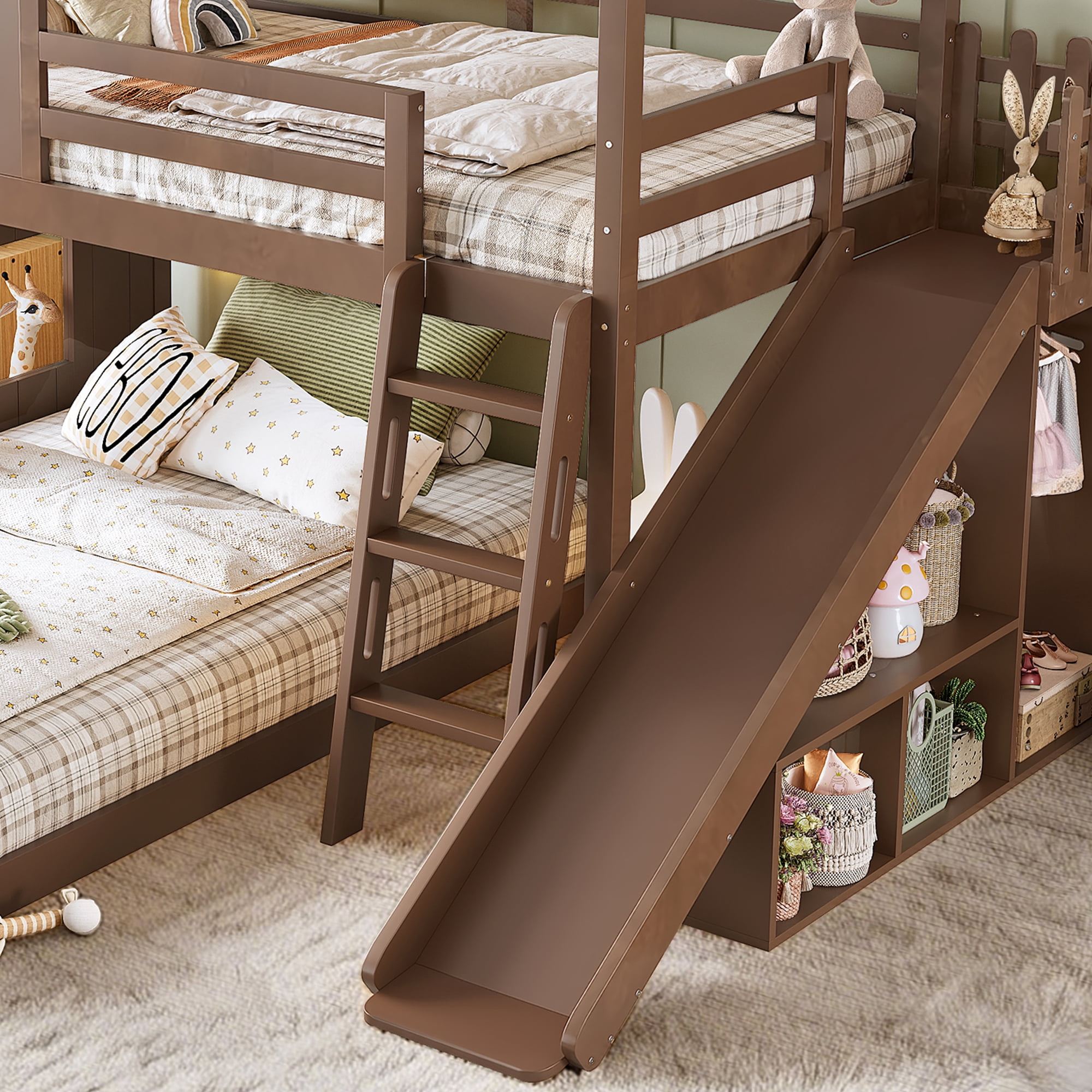 Twin over Full House Bunk Bed with Slide & Ladder, Wood Playhouse Bunk Bed with Storage Shelves & Wardrobe, Floor Bunk Bed for All Ages, Deep Natural