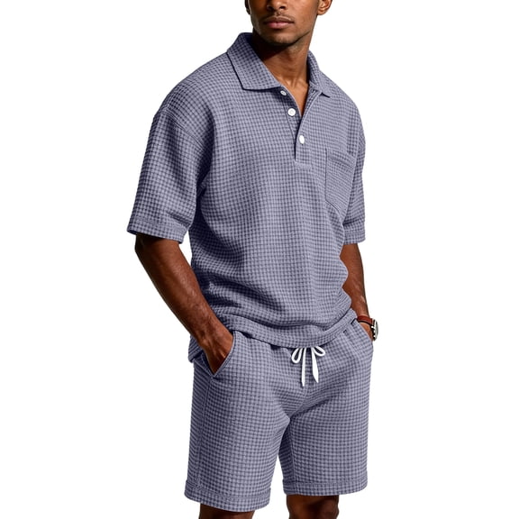 Mens Short Sets 2 Piece Outfits Waffle Knit Short Sleeve Polo Shirt and Shorts Set Summer Casual Tracksuit with Pocket Purple 4XL