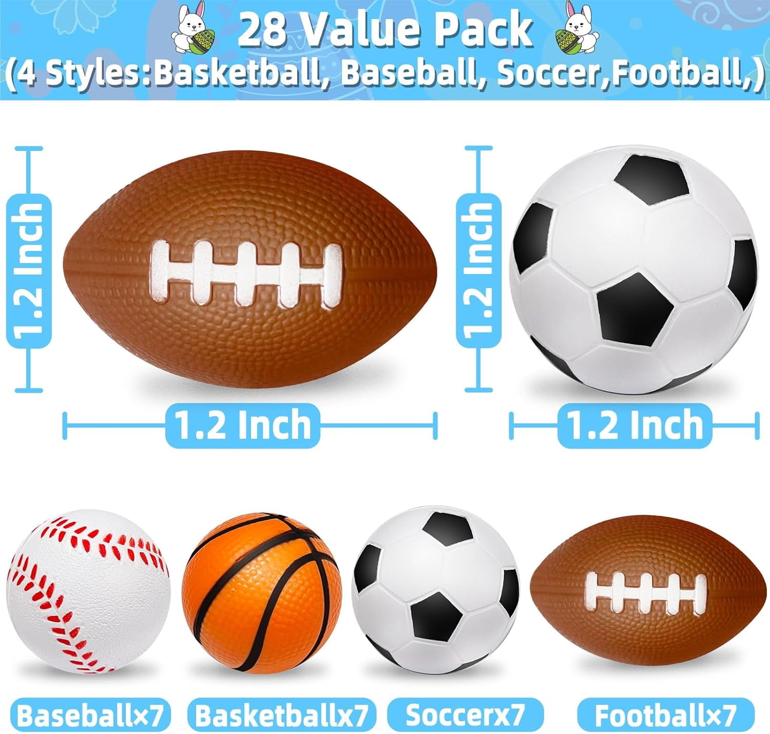 28 Pack Sports Stress Balls,Easter Basket Stuffers Soccer Football Squeeze Fidget Relief Toys for Easter Eggs Fillers,Goodie Bags Stuffers,Classroom Prizes,Pinata Filler