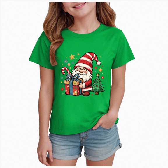 Xyant Christmas Shirts for Kids, Boys Girls Santa Claus Christmas Tree Print Short Sleeve Tshirts Toddler Funny Holiday Gift Xmas Graphic Tees Tops, Size 7-8 Years