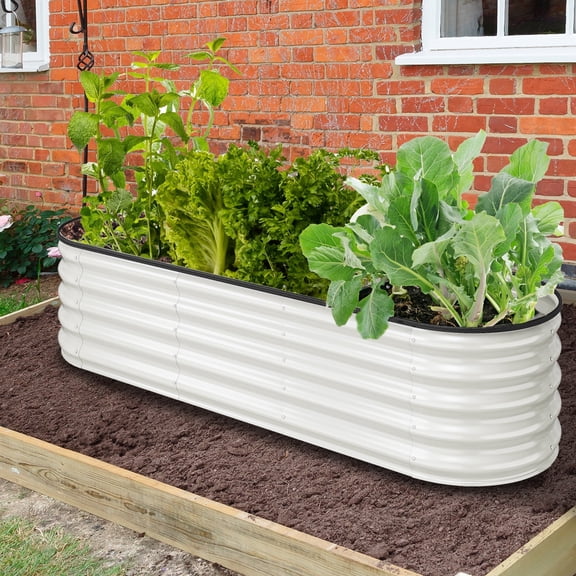 Dextrus Outdoor Raised Garden Bed Kit, Large Galvanized Metal Patio Planter Box with Safety Rubber and Gloves,Ideal for Plants Vegetables Flowers - 6.5 x 2 x 1.4 FT,White
