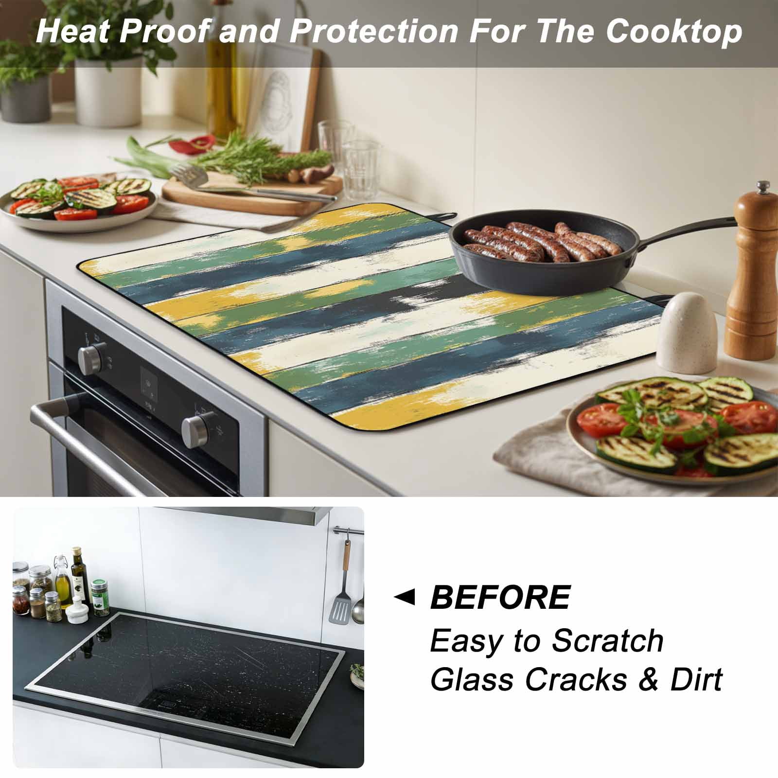 Green Yellow Blue Abstract Stove Top Cover for Electric Stove, Heat-proof & Non Slip Glass Top Stove Cover Protector, Modern Abstract Art Color Kitchen Flat Cooktop Rubber Mat 24x21 Inches