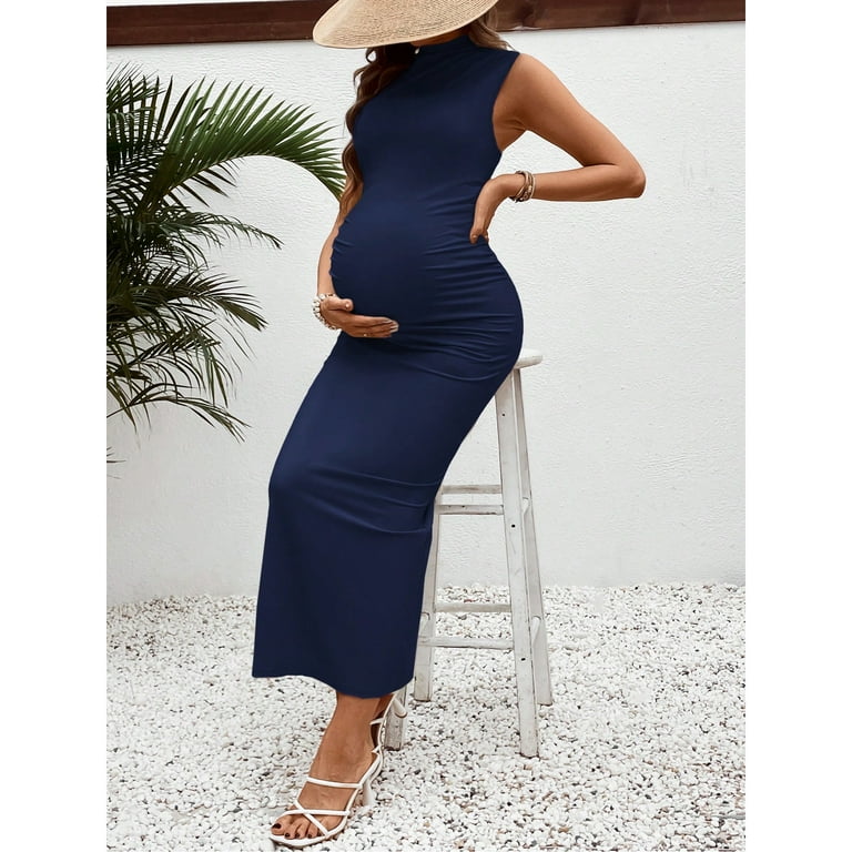 maternity maxi tank dress OYOANGLE Women's Maternity Mock Neck Sleeveless Ruched Dress Pregnancy Bodycon Maxi Tank Dresses Baby Shower Photoshoot Apricot X-Small at Amazon Women's Clothing store
