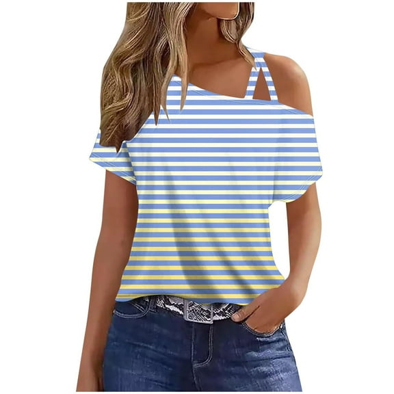 Scyoekwg Womens Casual Short Sleeve T Shirts Slant Shoulder Camisole Tops Lightweight Loose Trendy Shirts Stripe Print Blouses (Blue,L)