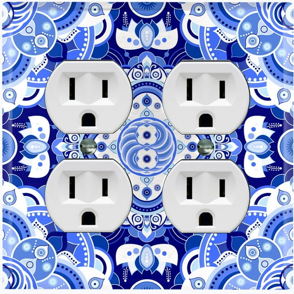 Metal Light Switch Plate Cover Mandala Blue White Floral Tile Pattern Damask MDL083