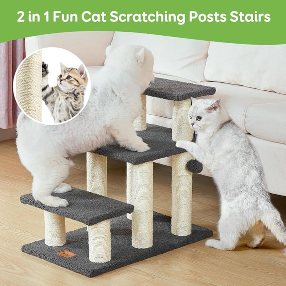 3-Step Grey 3-in-1 Pet Stairs & Cat Scratching Post - 150lbs Capacity High-Strength, for Small Dogs/Cats to Climb Beds/Couches