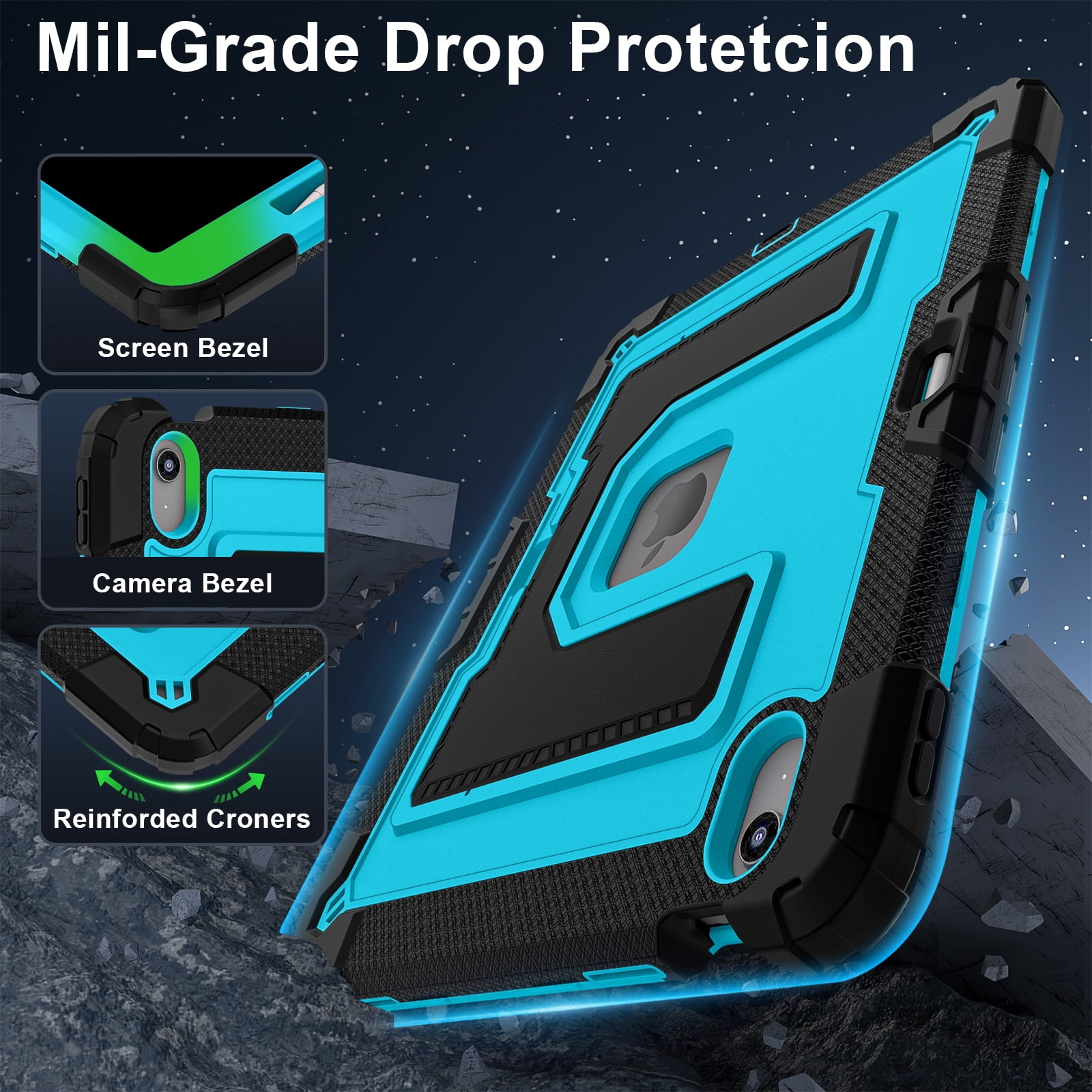 ELEHOLD 3-Layer Rugged Case For Apple iPad Air 13‑inch (M4) 2026, Heavy Duty Shockproof Logo Visible Foldable Kickstand Drop Protection Cover with Pencil Holder + Shoulder Strap, Black+Blue
