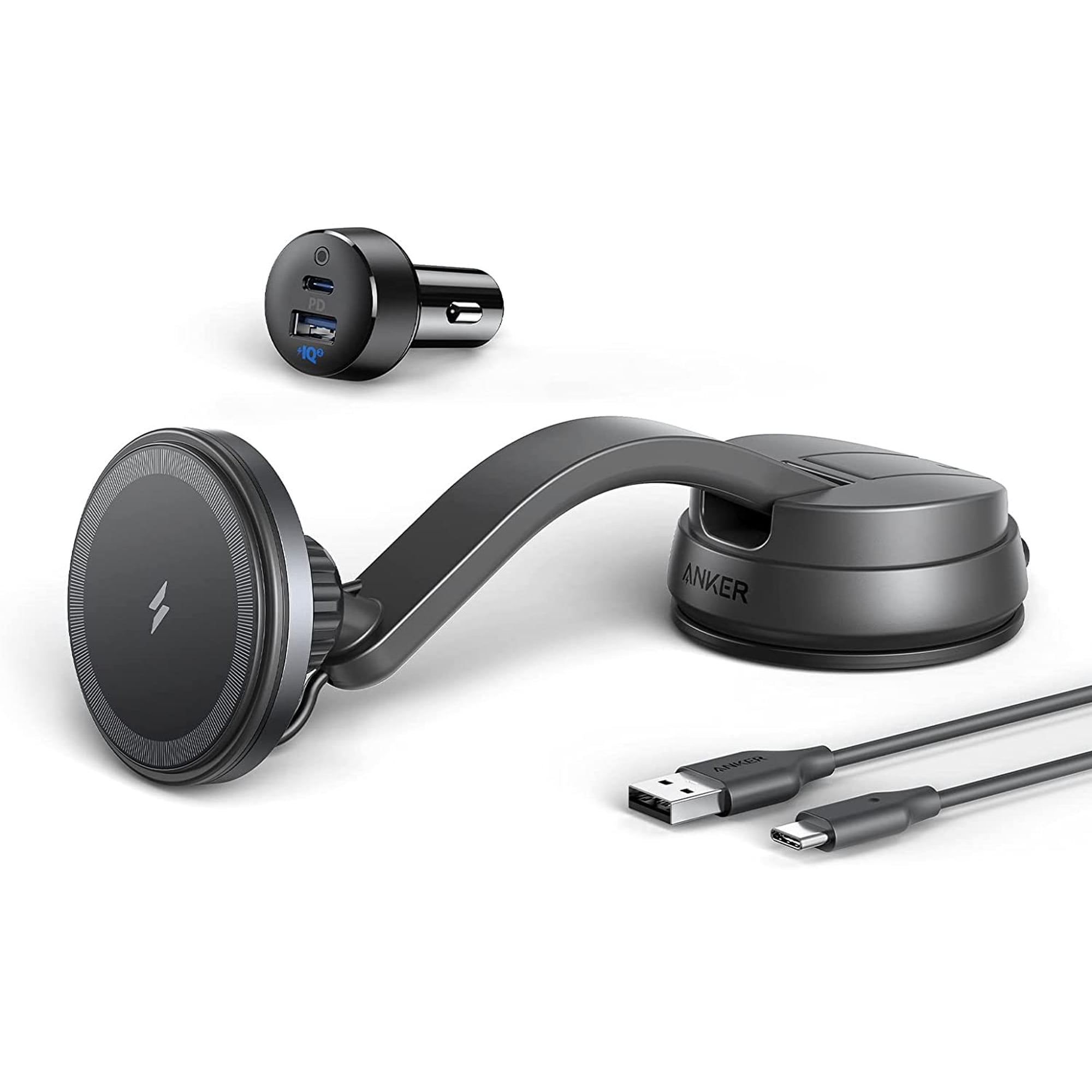 Anker 613 Magnetic Wireless Charger Car Charging Mount with 2-Port USB Car Charger