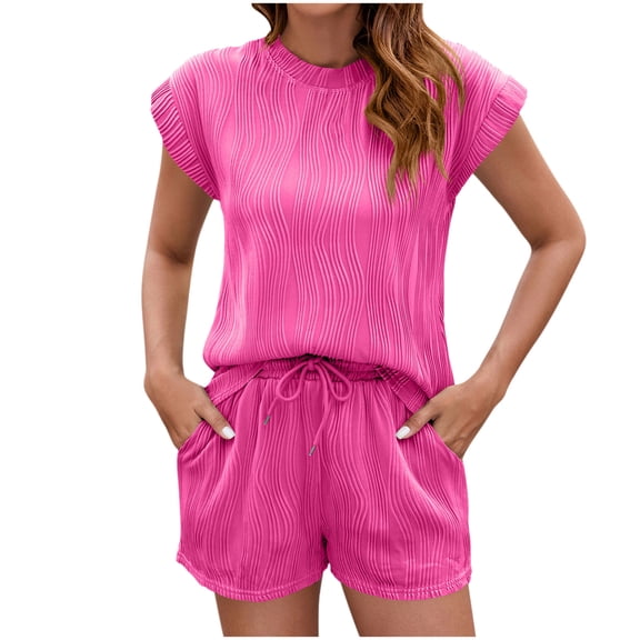 Fsshion 2 Piece of Outfits for Womens Plus Size Solid Loose 3/4 Sleeve Shirt Pullover Tops Shorts Sets