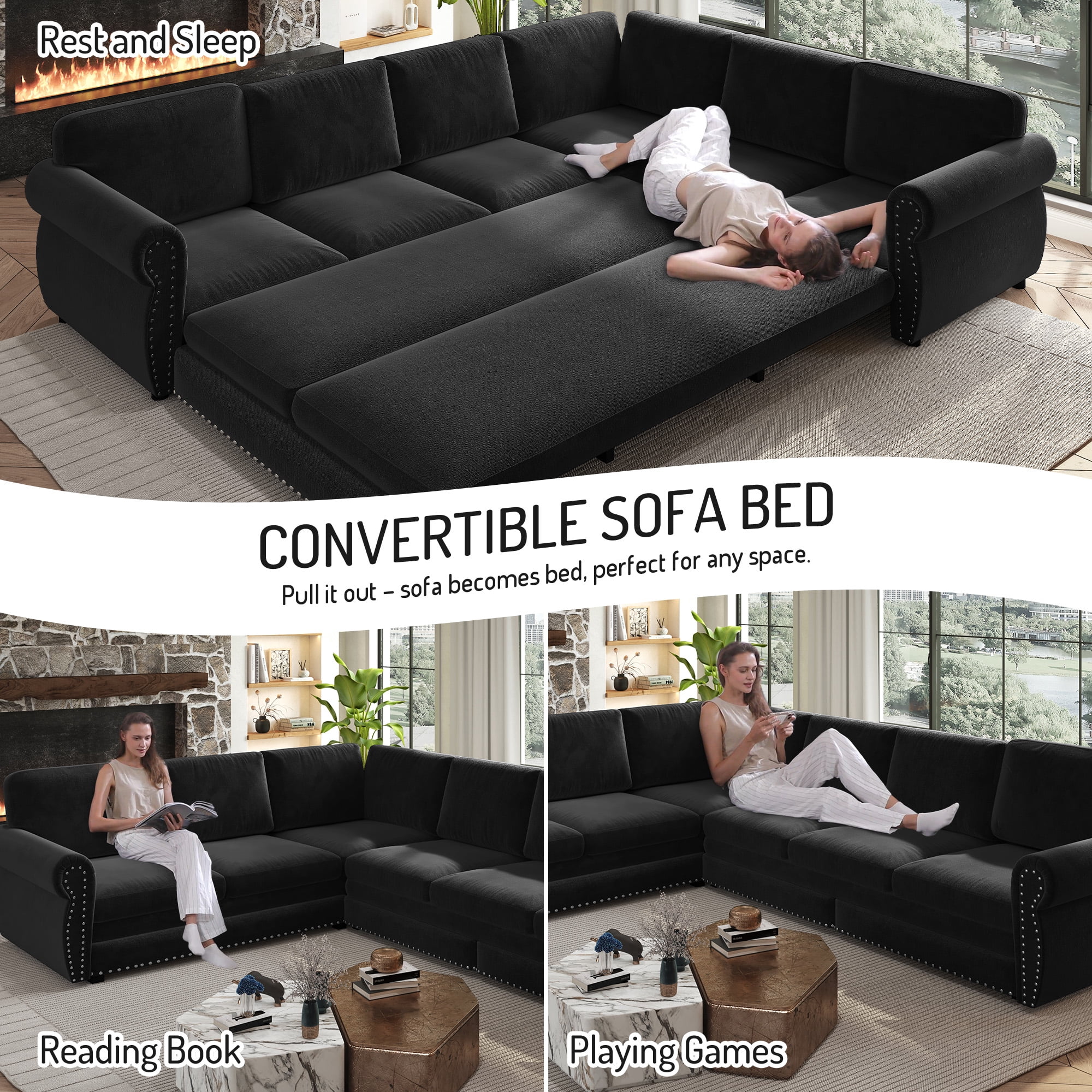 LLappuil Sectional Sofa Couch, Oversized Chenille Sofa with Pull Out Sofa Bed for Living Room Black
