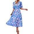 thumbnail image 2 of Women Sundress Summer Floral Short Sleeve Wrap V Neck A-Line Midi Dress Blue M, 2 of 9