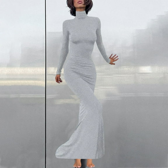 Fall Dresses for Women 2024 Round-Neck Pullover Solid Color Wrap Buttocks Dress Gray M