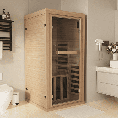 BaPiPro 1-2 Person Home Far Infrared Sauna Room, 1260W High-Efficiency Heating Hemlock Wood Indoor Sauna Spa with Control Panel, LED Lighting, Bluetooth Music Function for Home, Gym, 3'x5.5'