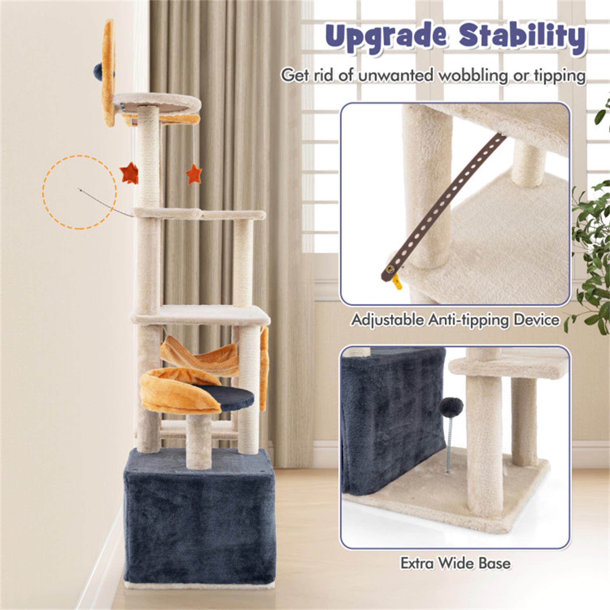 Kadyn 63" Could Cat Tree for Indoor Cats, Cat Condo with Cat Scratching Post and Board, Cat Tower for Kitten with Dangling Balls, Beige