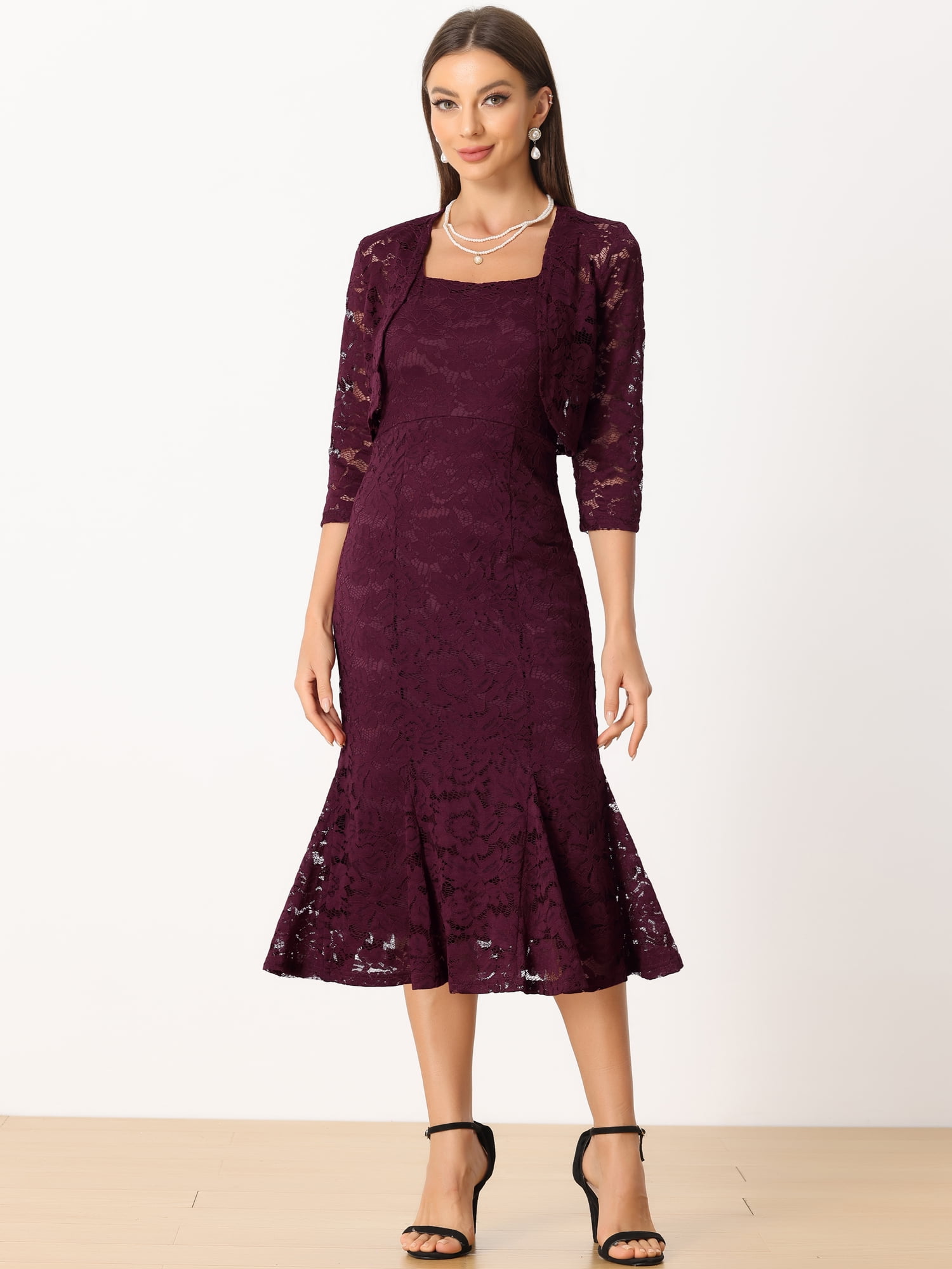 DARING DIVA Women's Fishtail Sheath Open Front Shrugs 2pc Lace Dress XS Burgundy