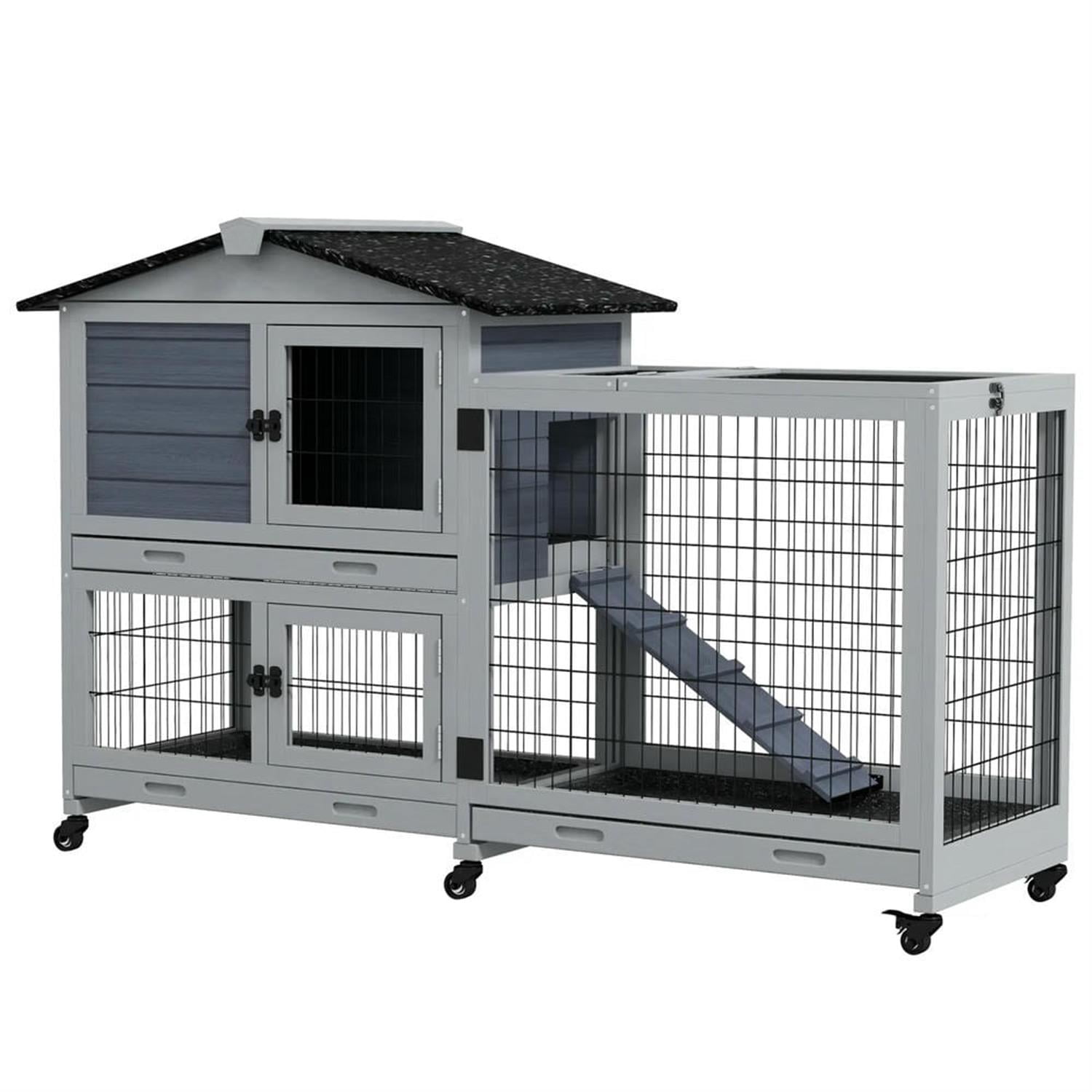 Kadyn 62" 2-tier Wooden Rabbit Hutch with Wheels and Slide-out Tray, Outdoor Small Animal Habitat Chicken Coop Bunny Cage for Bunnies, Guinea Pigs, Gray