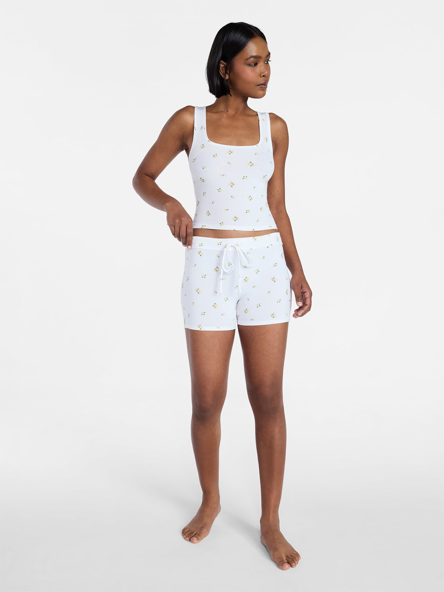 No Boundaries Cotton Stretch Ribbed Tank Top and Shorts Pajama Set, Women's XS-XXXL