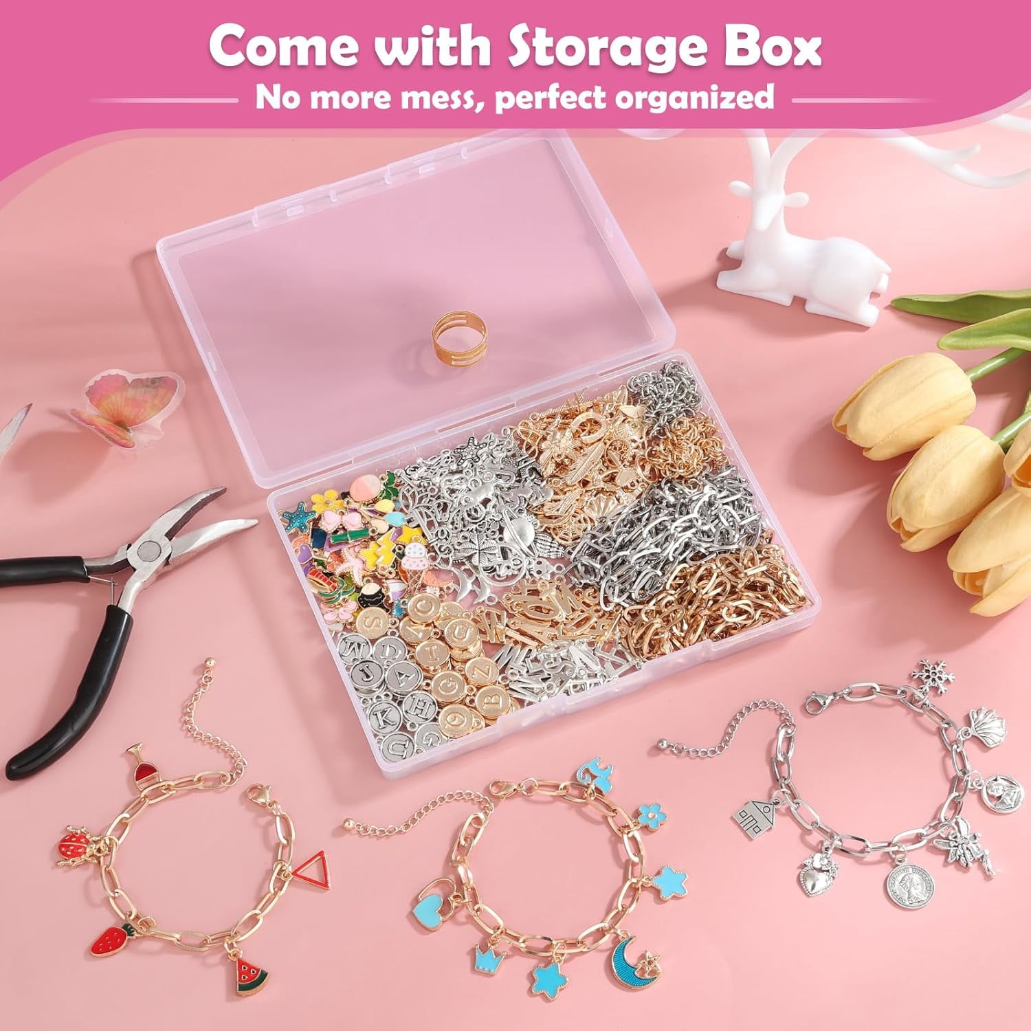 TAVENE 477Pcs DIY Charm Bracelet Making Kit, Gold & Silver Charms, Paperclip Chain & Alphabet Charms, Jewelry Supplies