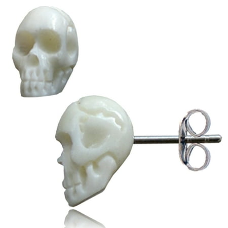 Organic Hand Carved Bone 3D Skull Stainless Steel Post Stud Earrings