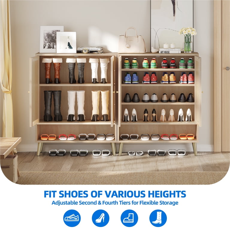 15-Tier Shoe Cabinet With Doors - Adjustable Shelf Bamboo Organizer For Entryway, Hallway, Closet